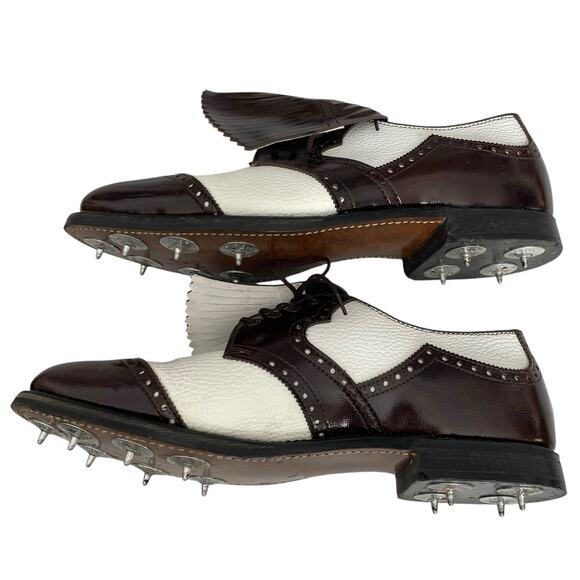 Vintage Etonic Wingtip Golf Shoes Men 11.5 D Metal Spikes Leather Brown White - Picture 3 of 11